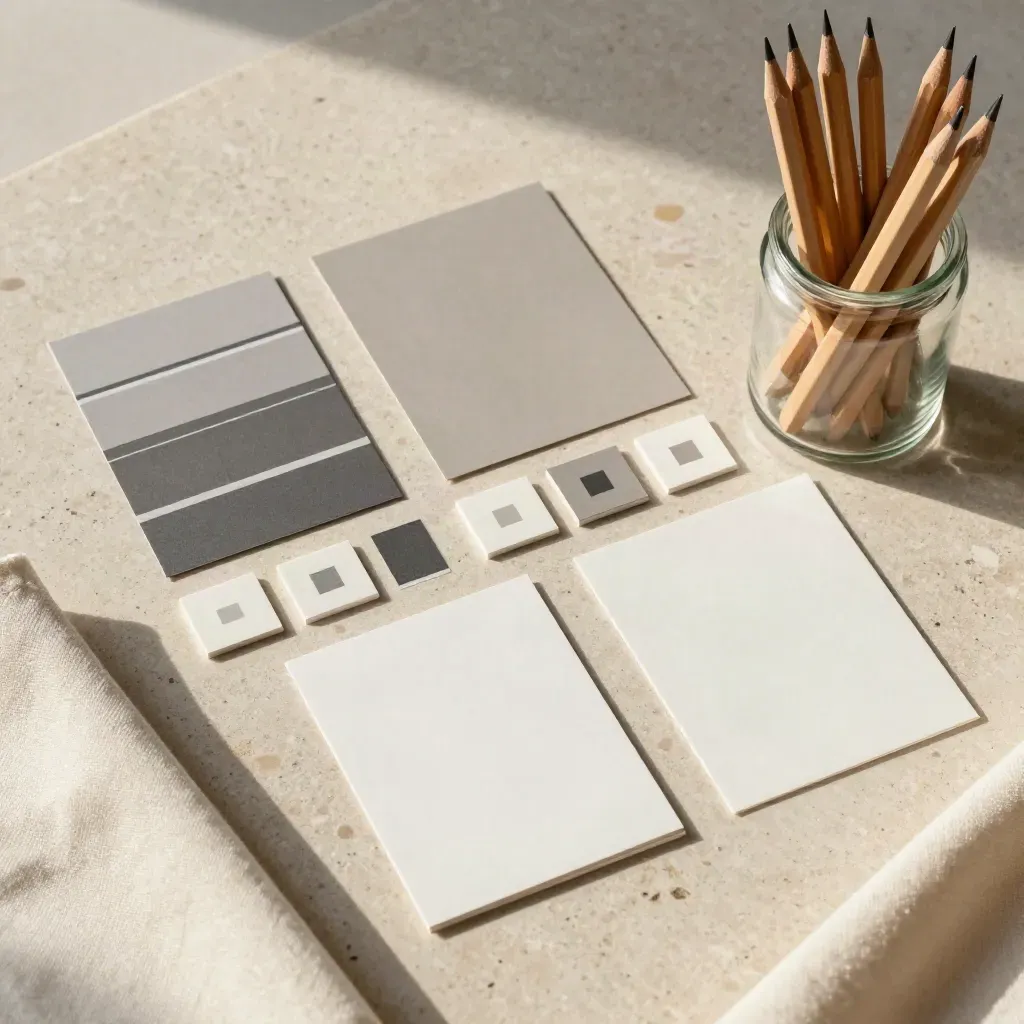 Overhead identity kit flat lay with colour chips, grey type bars, icon tiles, and pencils on travertine.