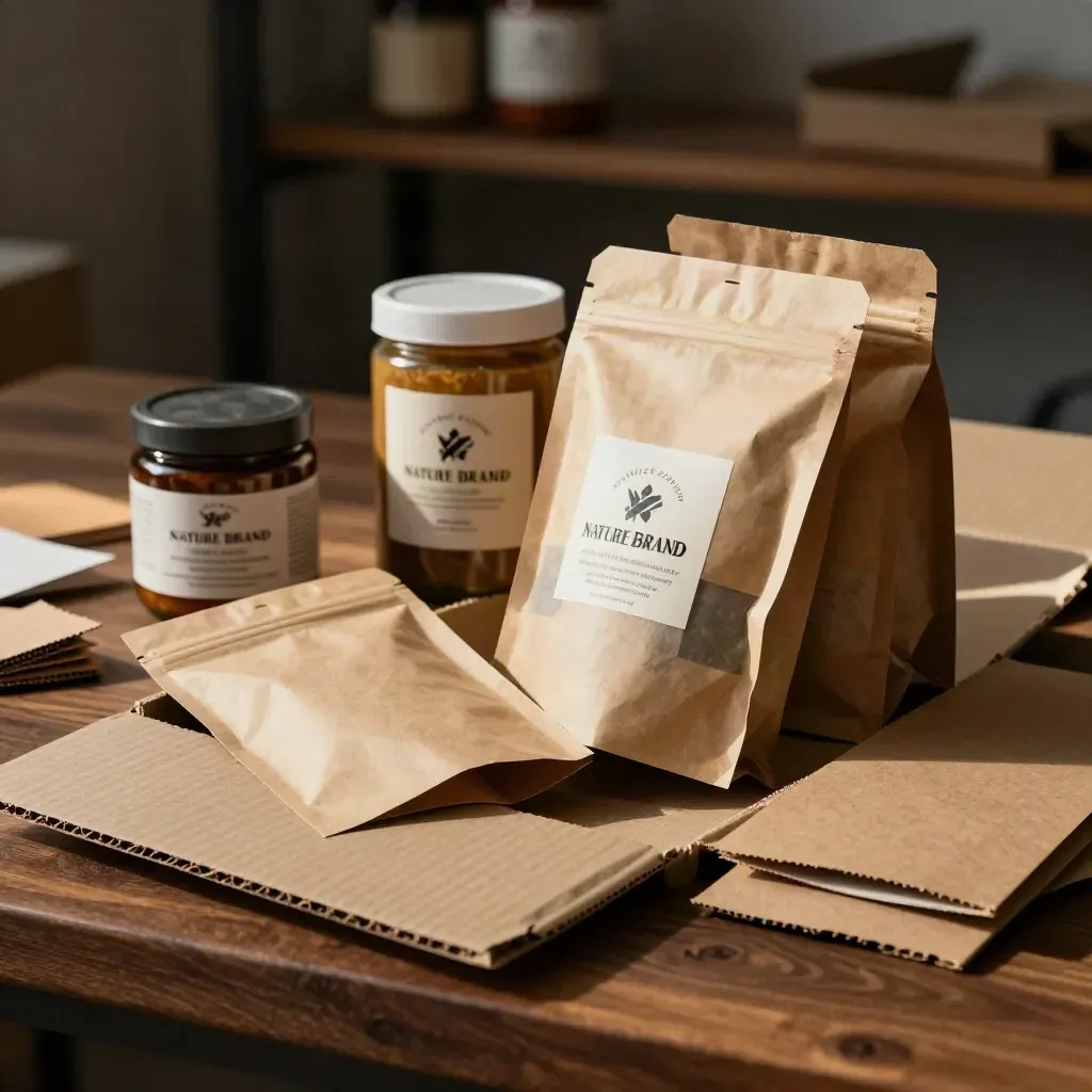 Open mailer with layered packaging mockups—pouches, sleeves, and labels on a walnut bench.