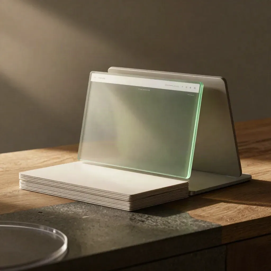 Website style cards and frosted acrylic mockups on a moody surface with green accents.