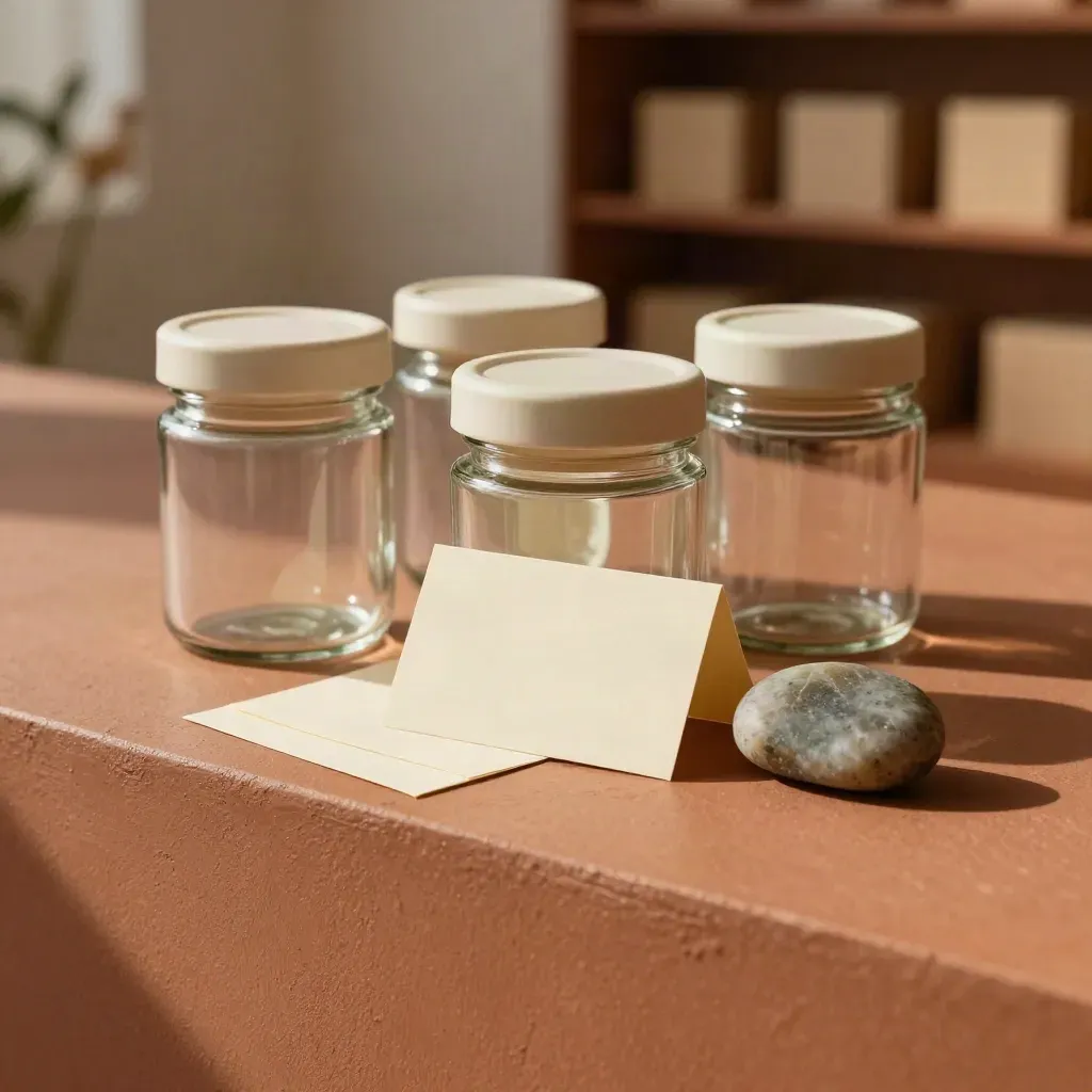 Three unlabeled jars, blank name cards and a polished stone token on a terracotta studio ledge.