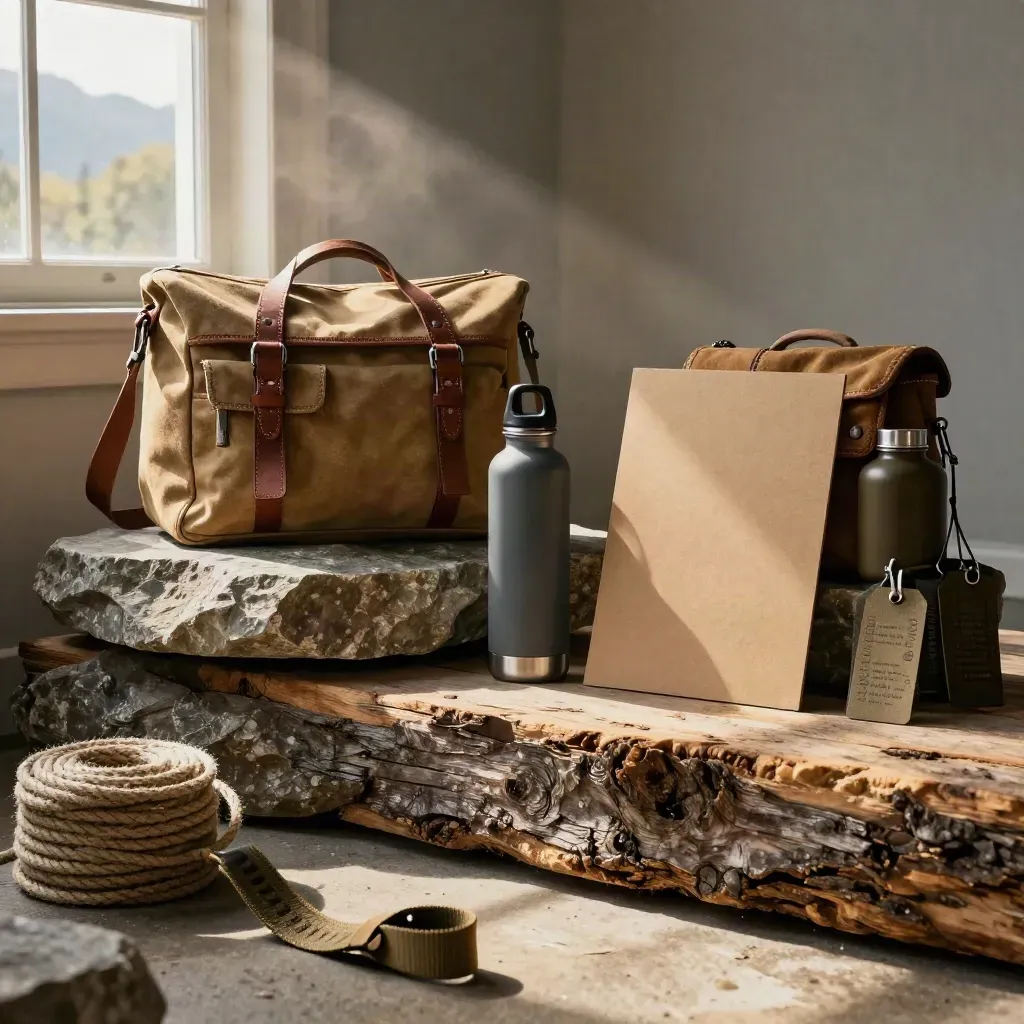 Trail-ready canvas packs and water bottles staged against stone and wood