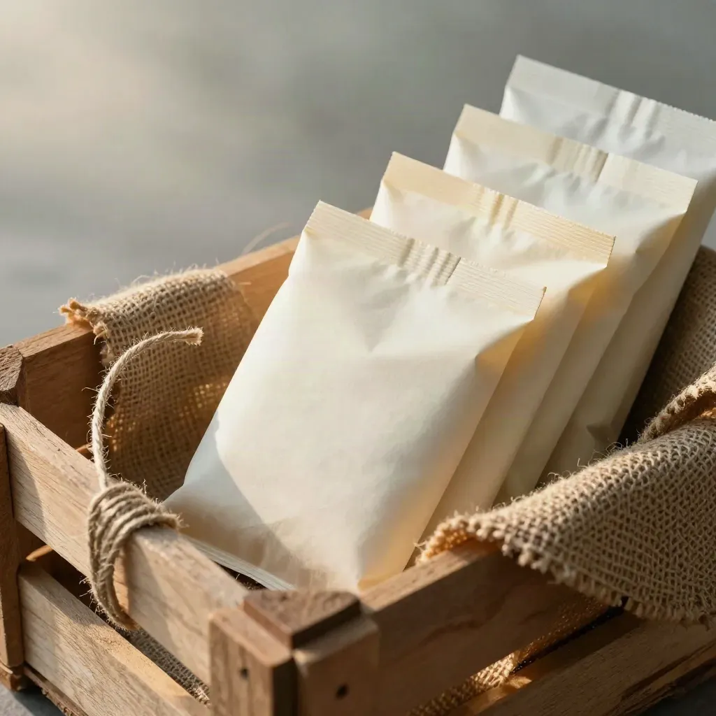 Seed packets and kraft tins settling into a burlap-lined market crate in soft morning light.