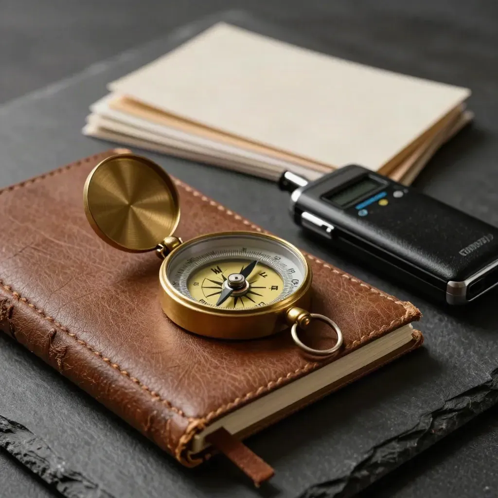 Brass compass, closed notebook, recorder and sample tabs on dark slate under dramatic light.
