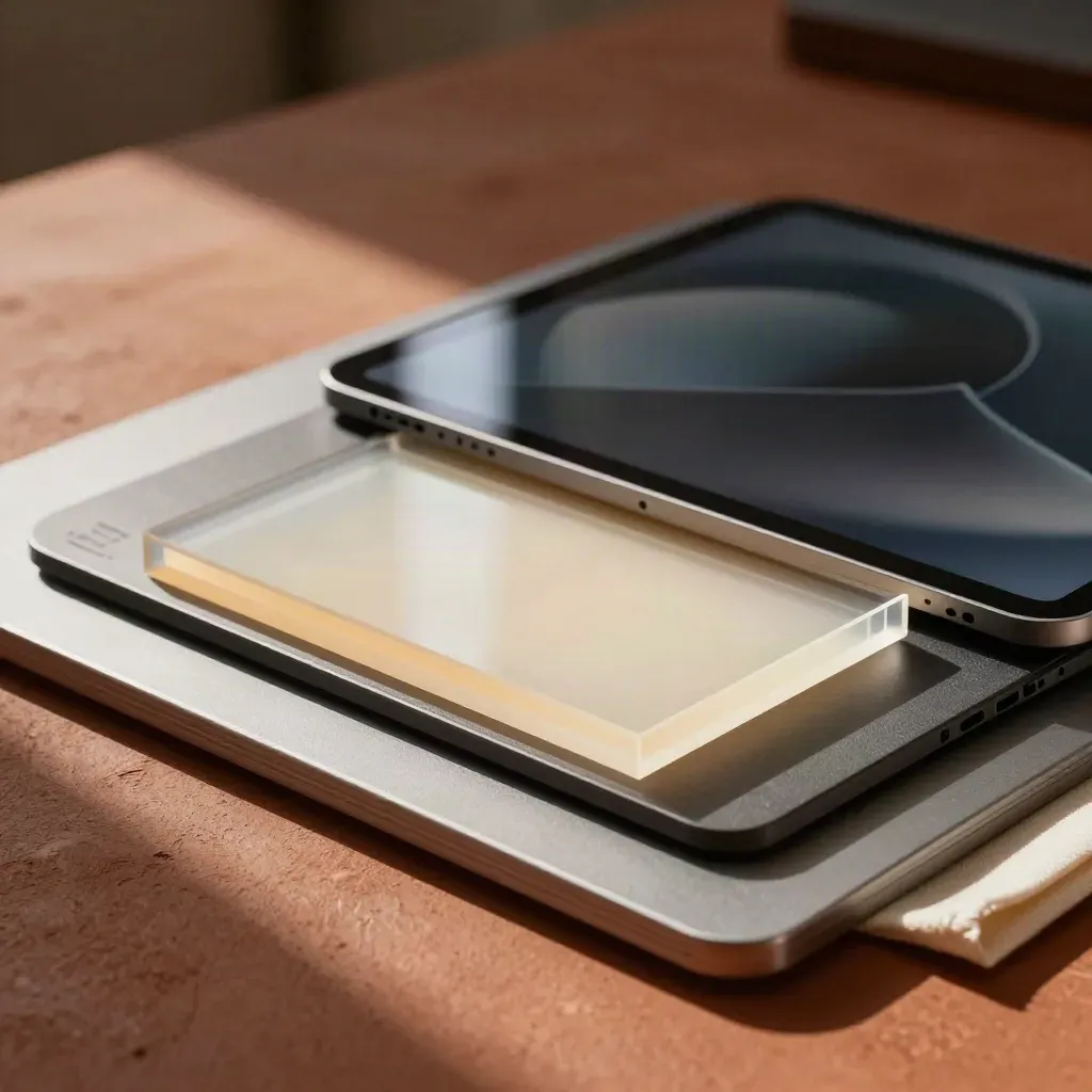 Acrylic layout blocks, dark trackpad and tablet on a terracotta studio surface with cool glow.