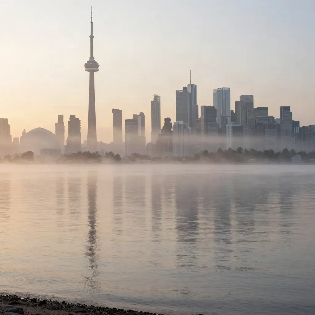 Mist-wrapped Toronto skyline above a calm dawn lake in golden light