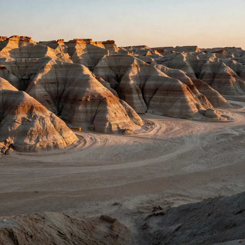 Alberta badlands hoodoos above a dusty basin in warm late-day haze