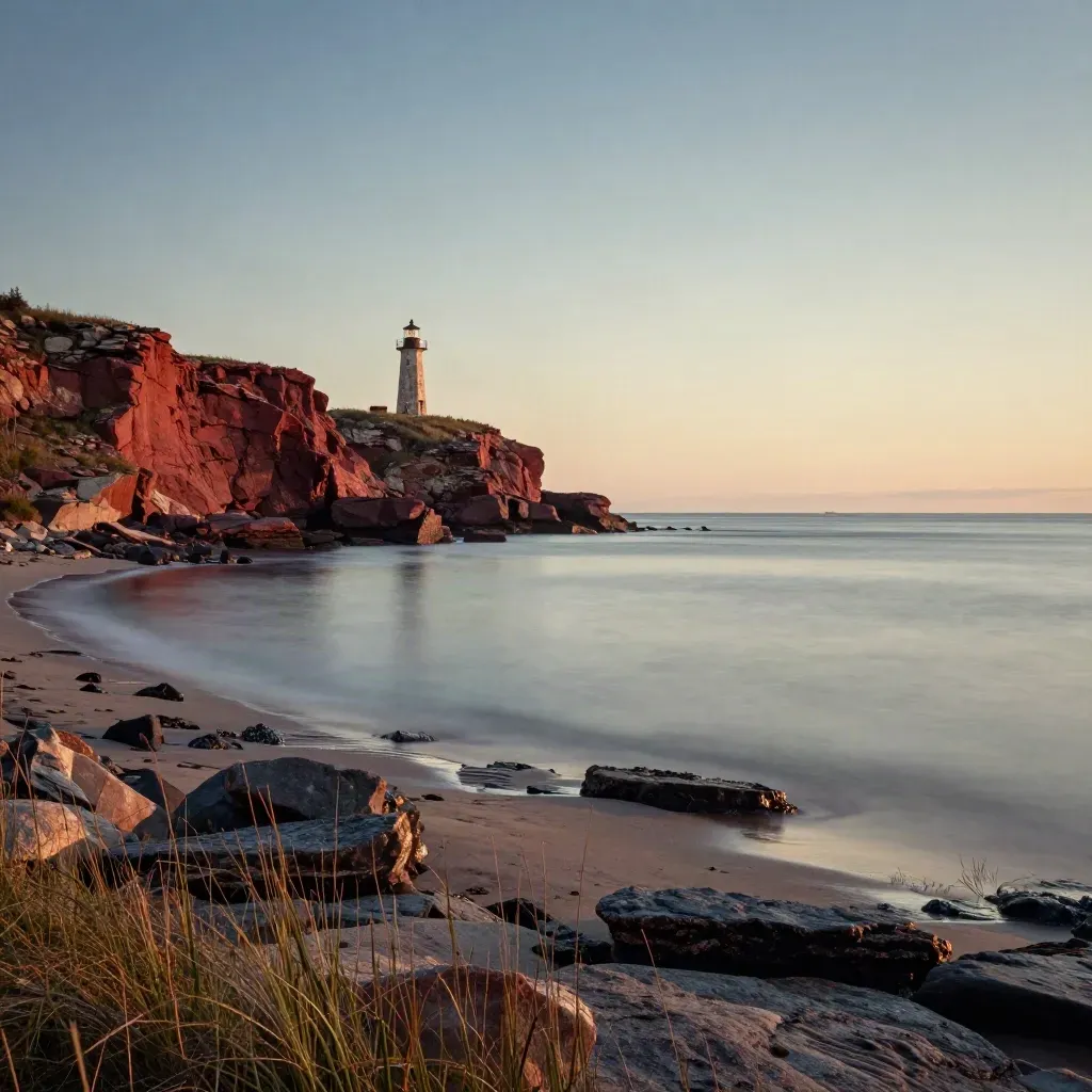 Blue-hour Atlantic coast with red cliffs, lighthouse silhouette, tidal flats, and calm slate sea.